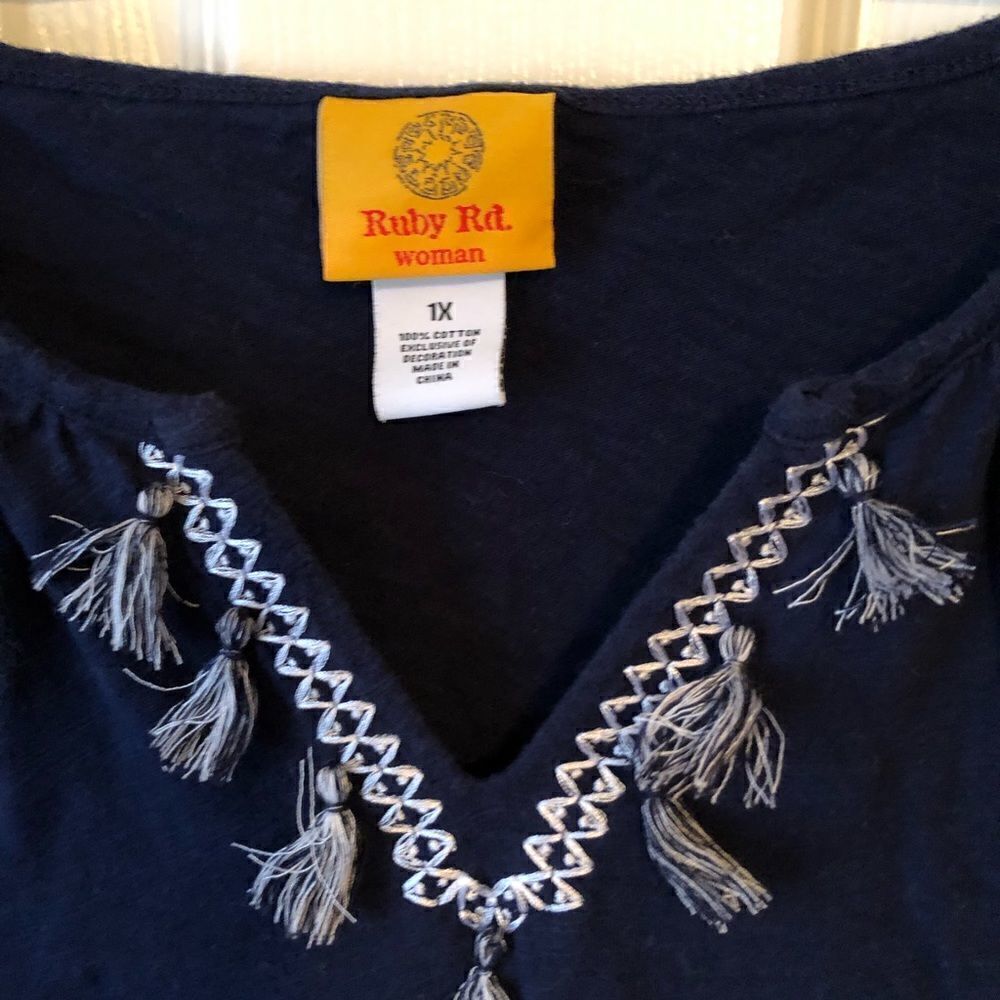 Ruby Rd Tassled Embroidered V Neck Tee - Picture 3 of 10